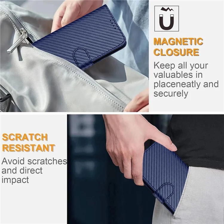YX0070 Para Xiaomi Redmi Note 13 Pro 5G / Poco X6 5G Funda Textura de Fibra de Carbono Cartera de Cuero con Soporte - Zafiro