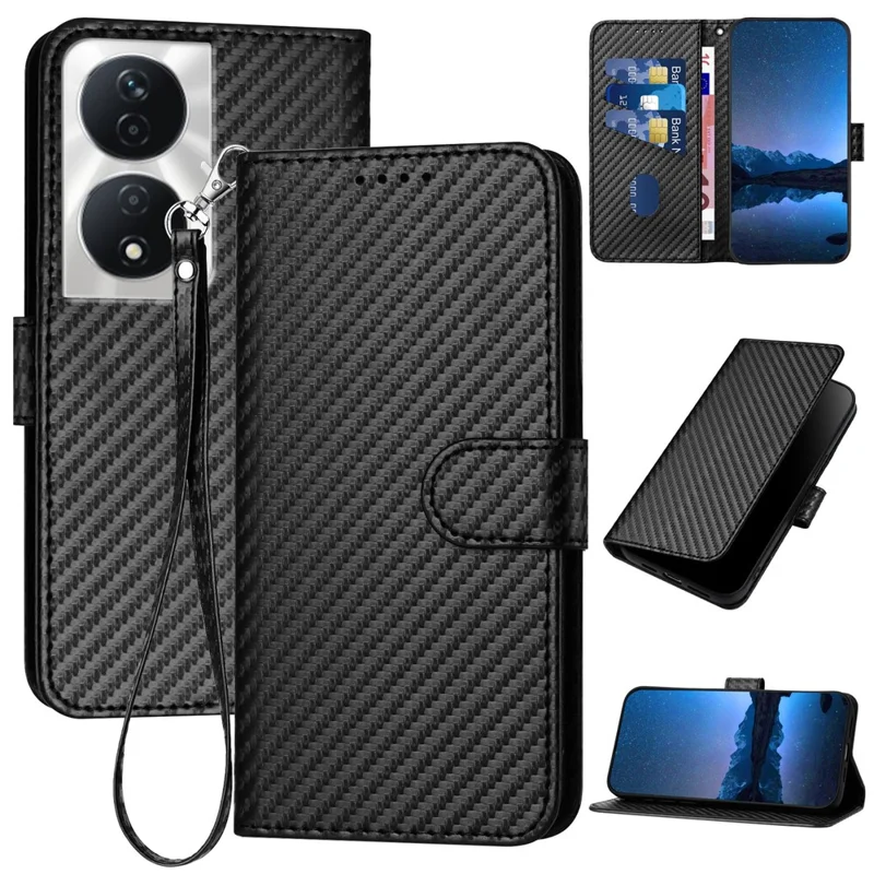 YX0070 For Honor X7b 4G / 90 Smart Leather Case with Hand Strap Wallet Stand Phone Cover - Black