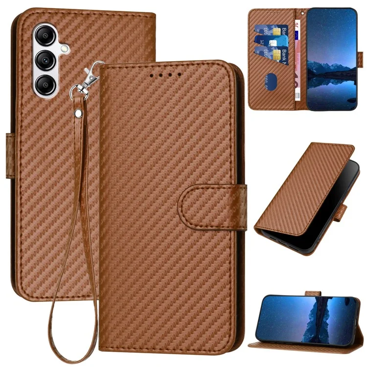 YX0070 For Samsung Galaxy A14 4G / 5G Leather Case Carbon Fiber Texture Flip Phone Cover - Coffee