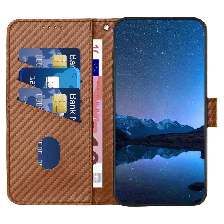 YX0070 For Samsung Galaxy A14 4G / 5G Leather Case Carbon Fiber Texture Flip Phone Cover - Coffee