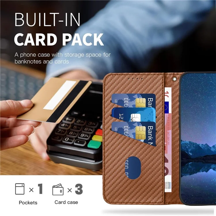 YX0070 For Samsung Galaxy A14 4G / 5G Leather Case Carbon Fiber Texture Flip Phone Cover - Coffee