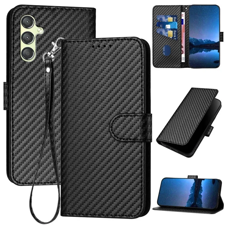 YX0070 For Samsung Galaxy A24 4G (162.1 X 77.6 X 8.3mm) Phone Case Carbon Fiber Texture Leather Wallet Cover - Black