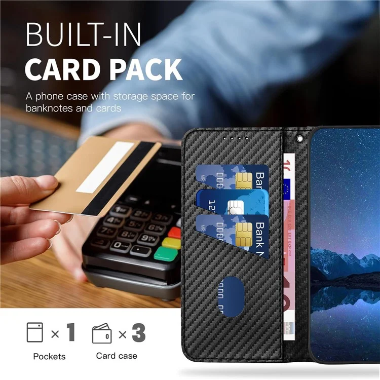 YX0070 For Samsung Galaxy A24 4G (162.1 X 77.6 X 8.3mm) Phone Case Carbon Fiber Texture Leather Wallet Cover - Black