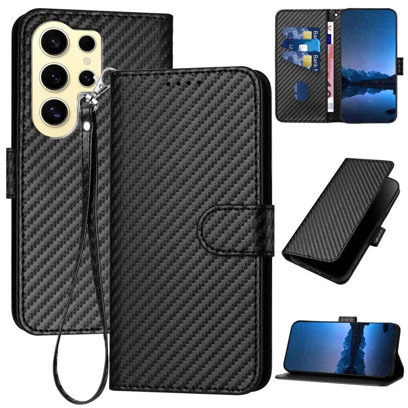 YX0070 For Samsung Galaxy S24 Ultra Case Wallet Leather Phone Cover Carbon Fiber Texture - Black