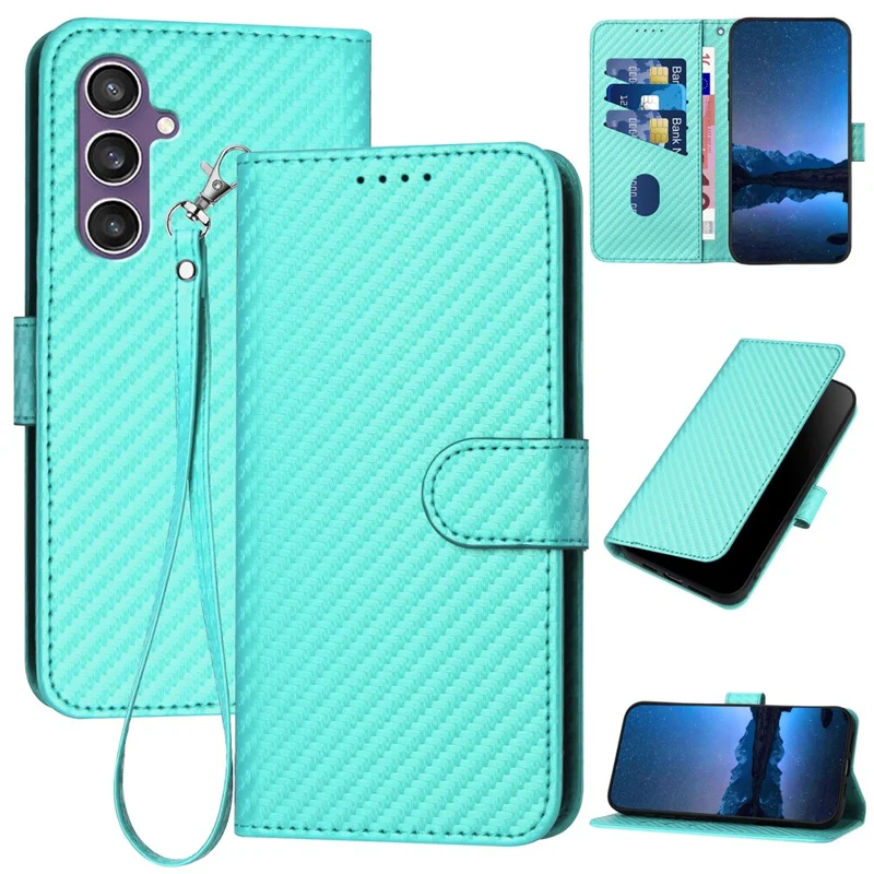 YX0070 For Samsung Galaxy S23 FE Carbon Fiber Folio Case PU Leather Stand View Protective Phone Cover - Baby Blue