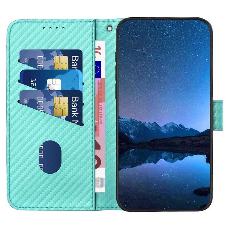 YX0070 For Samsung Galaxy S23 FE Carbon Fiber Folio Case PU Leather Stand View Protective Phone Cover - Baby Blue