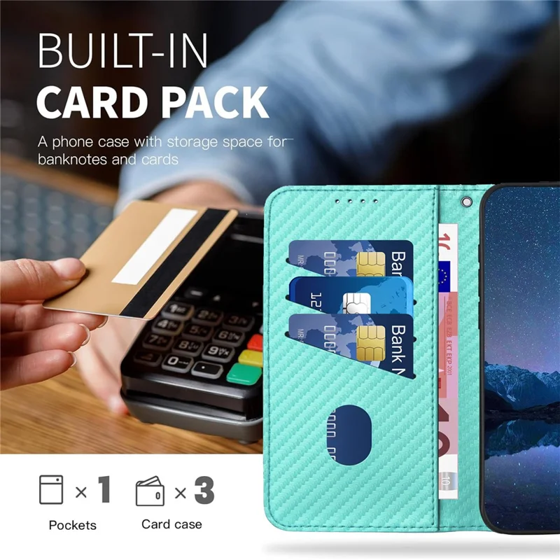 YX0070 For Samsung Galaxy S23 FE Carbon Fiber Folio Case PU Leather Stand View Protective Phone Cover - Baby Blue