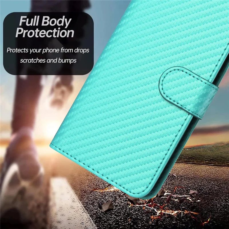 YX0070 For Samsung Galaxy S23 FE Carbon Fiber Folio Case PU Leather Stand View Protective Phone Cover - Baby Blue
