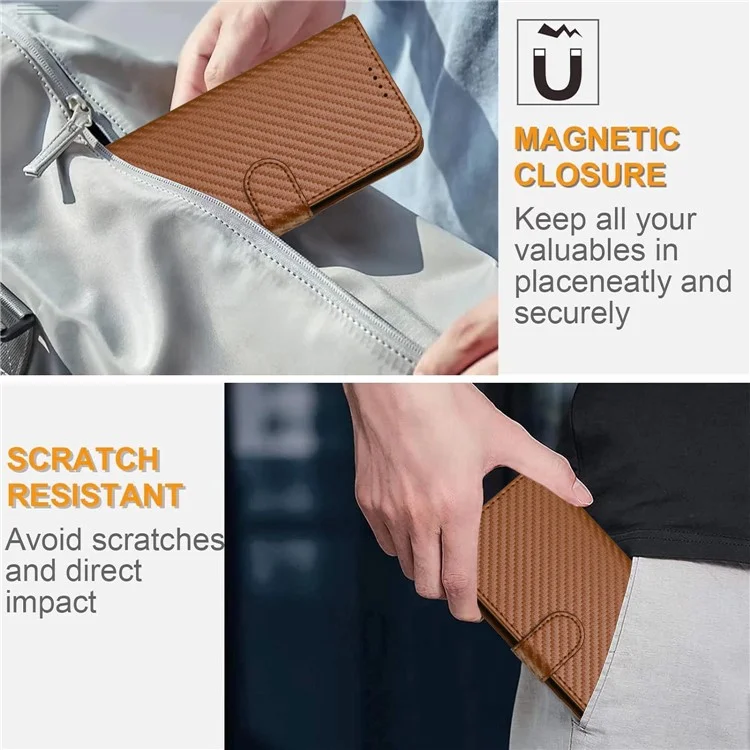 Étui pour Samsung Galaxy S23 Ultra YX0070 en cuir PU avec texture fibre de carbone - Café
