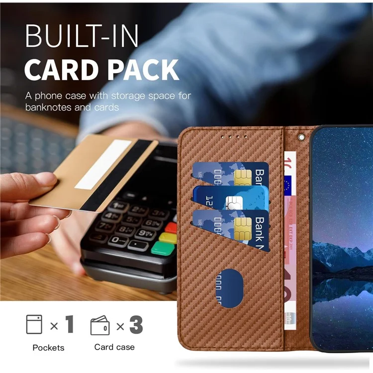 Étui pour Samsung Galaxy S23 Ultra YX0070 en cuir PU avec texture fibre de carbone - Café