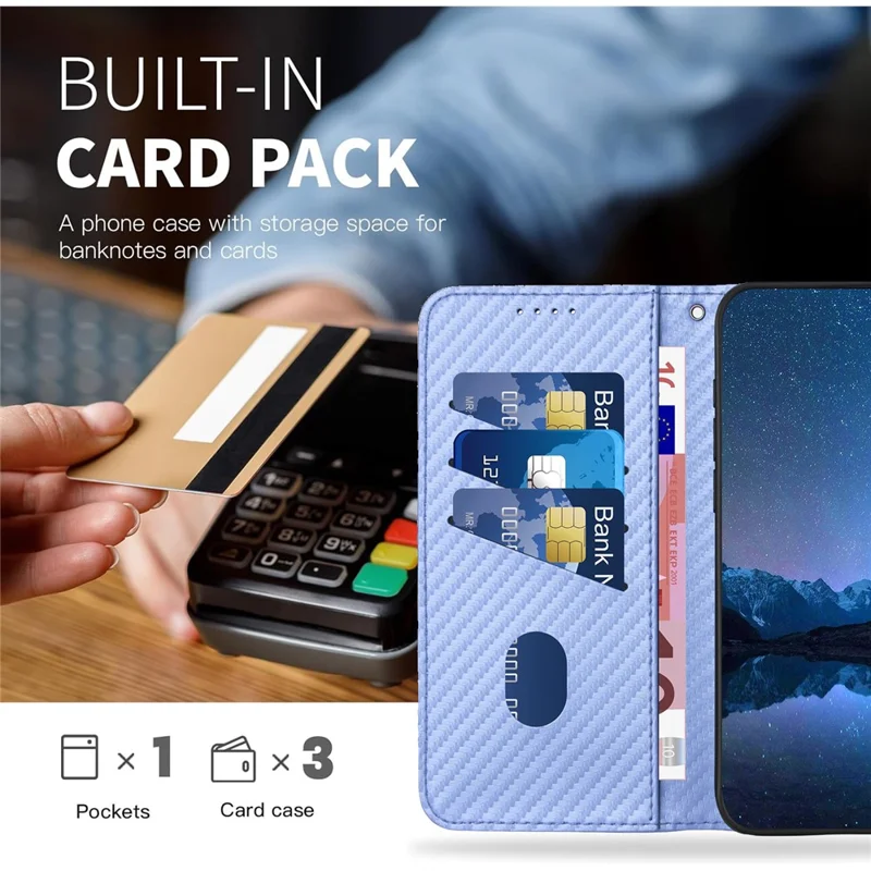 YX0070 For Samsung Galaxy S24+ Case Carbon Fiber Texture Wallet Leather Phone Cover - Light Purple