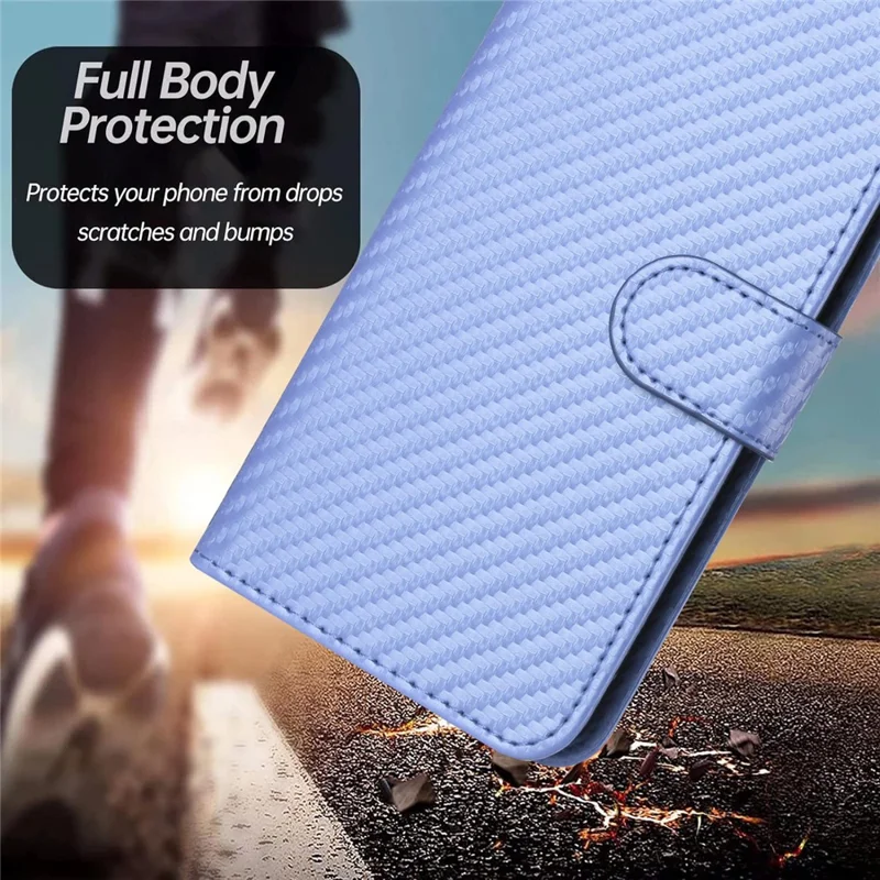 YX0070 For iPhone 15 Plus Case Carbon Fiber Texture Full Protection Leather Wallet Phone Cover - Light Purple