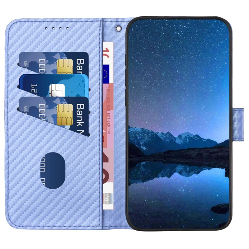 YX0070 For iPhone 15 Plus Case Carbon Fiber Texture Full Protection Leather Wallet Phone Cover - Light Purple