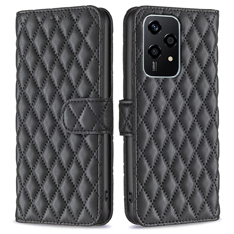 BINFEN COLOR BF Style-14 Pour Honor 200 Lite Case Rhombus Leather Wallet Phone Back Cover - Noir