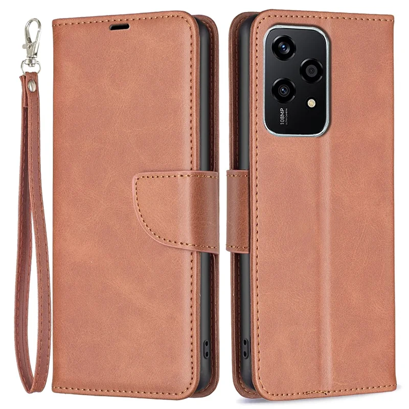 For Honor 200 Lite Case Folding Stand Leather Anti-fall Mobile Phone Cover with Hand Strap - Brown