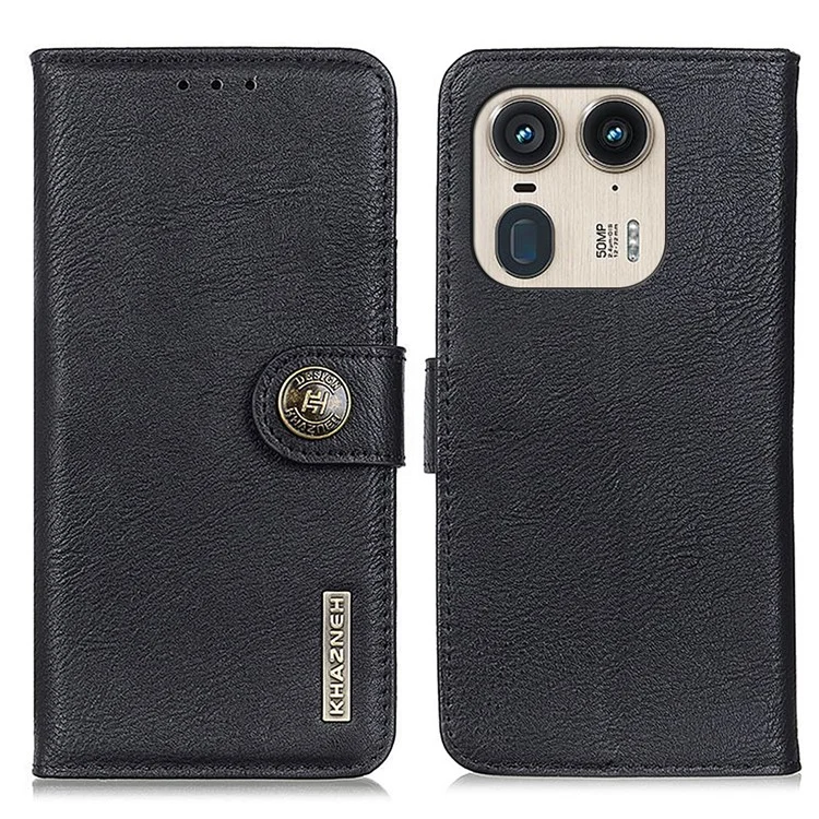 KHAZNEH para Motorola Edge 50 Ultra 5G / Moto X50 Ultra 5G Funda Resistente a Arañazos Textura de Cuero de Vaca PU Cubierta de Teléfono - Negro