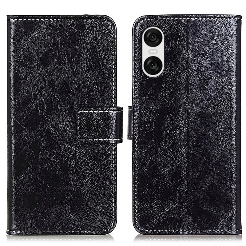 For Sony Xperia 10 VI Case Vintage PU Leather Folio Phone Cover with Card Slots - Black