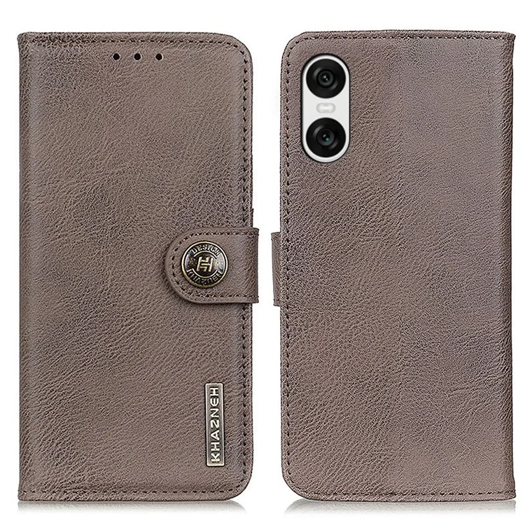 KHAZNEH For Sony Xperia 10 VI Leather Wallet Case Cowhide Texture Phone Cover - Khaki