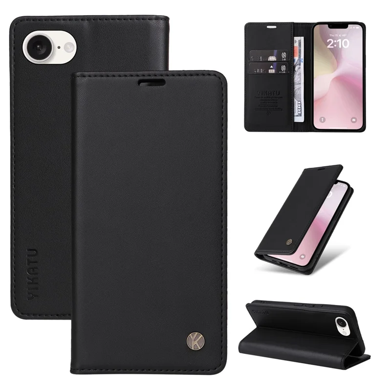 YIKATU YK-001 For iPhone 17e / 16e Case Stand Wallet PU Leather Phone Cover - Black