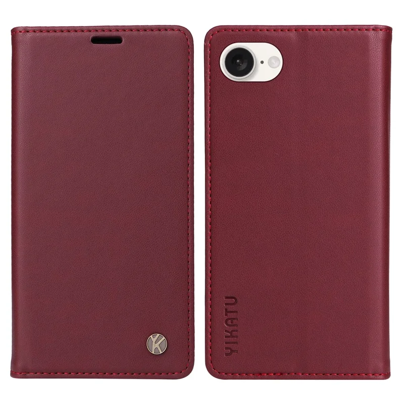 YIKATU YK-001 For iPhone 17e / 16e Case Stand Wallet PU Leather Phone Cover - Wine Red