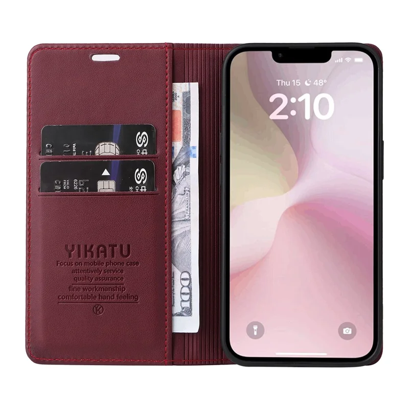 YIKATU YK-001 For iPhone 17e / 16e Case Stand Wallet PU Leather Phone Cover - Wine Red