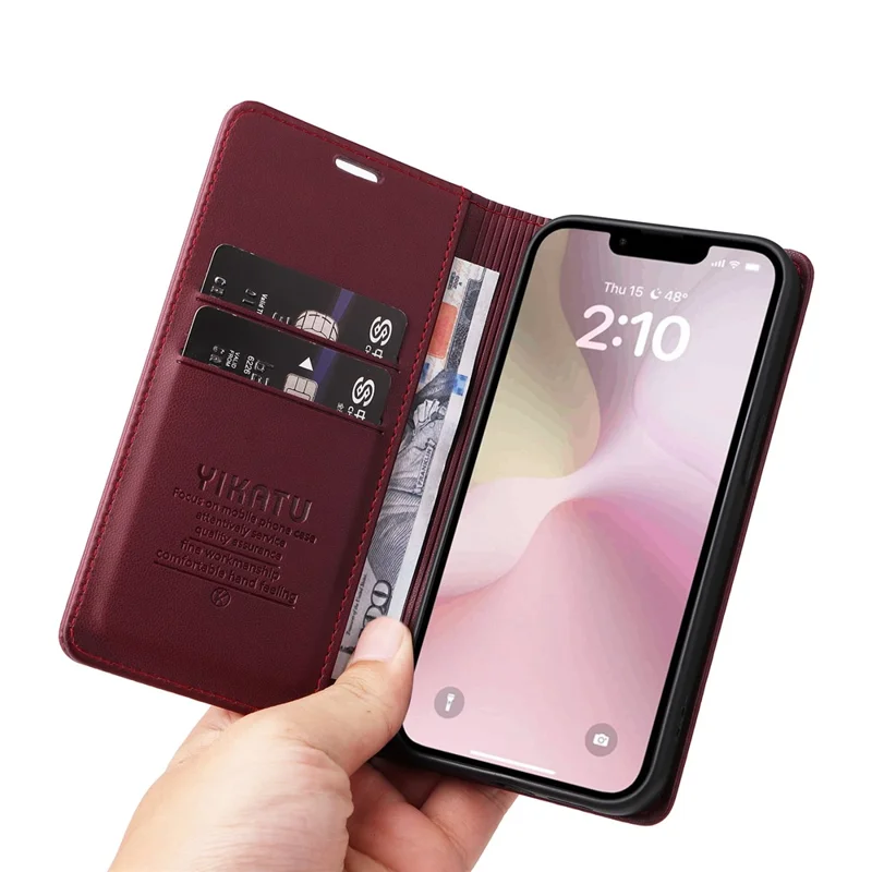 YIKATU YK-001 For iPhone 17e / 16e Case Stand Wallet PU Leather Phone Cover - Wine Red