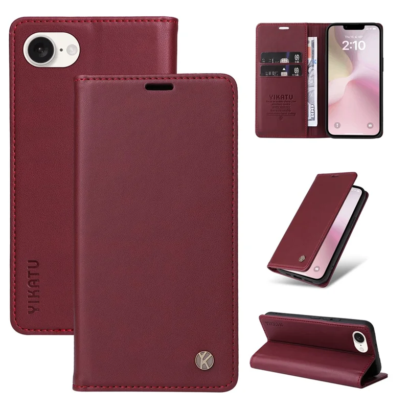 YIKATU YK-001 For iPhone 17e / 16e Case Stand Wallet PU Leather Phone Cover - Wine Red