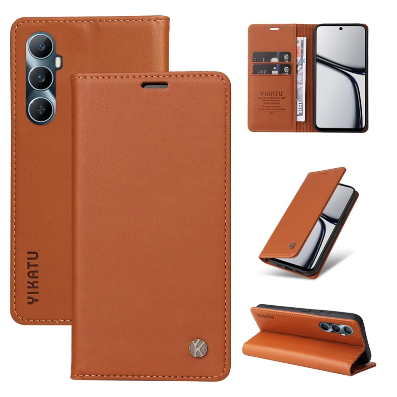 YIKATU YK-001 Para Realme C65 4G Case Anti-Scratch Leather Wallet Phone Cover - Marrom