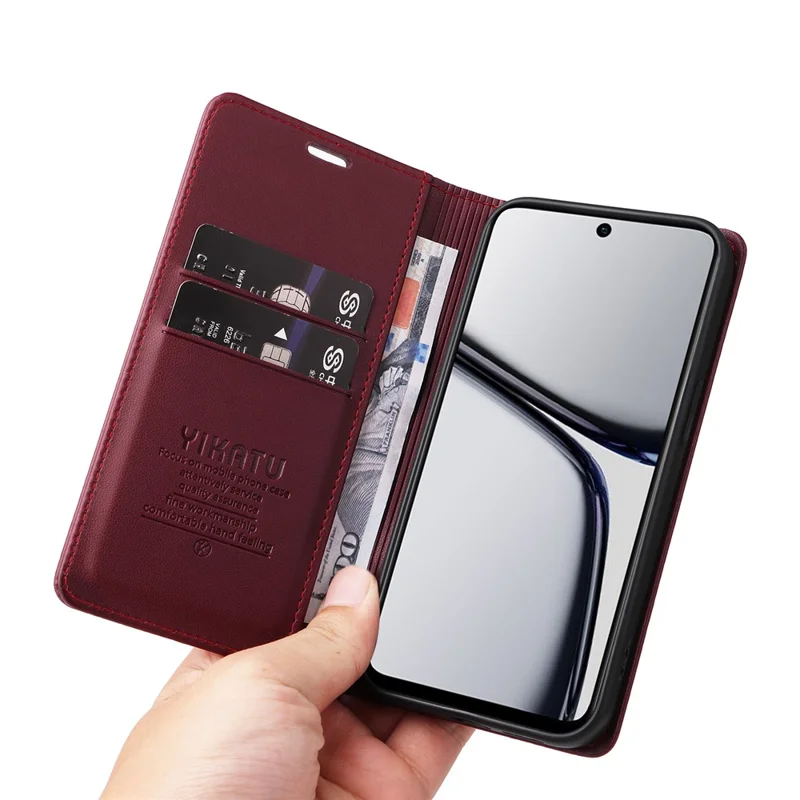 YIKATU YK-001 For Realme C65 4G Case Anti-Scratch Leather Wallet Phone Cover - Wine Red