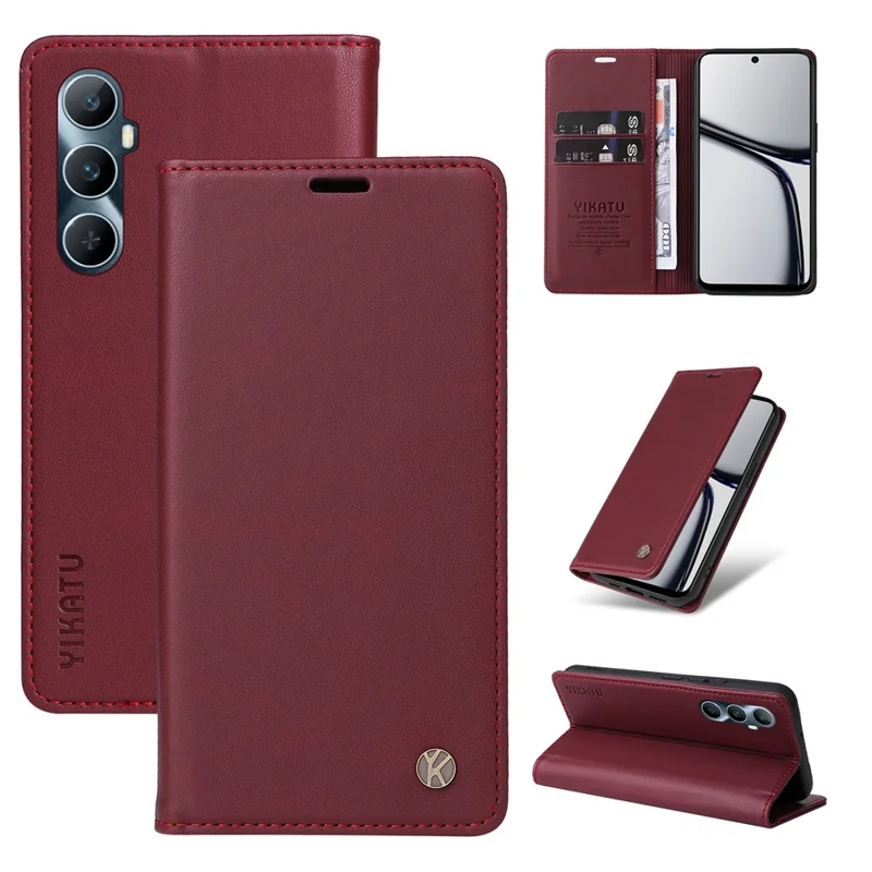 YIKATU YK-001 For Realme C65 4G Case Anti-Scratch Leather Wallet Phone Cover - Wine Red