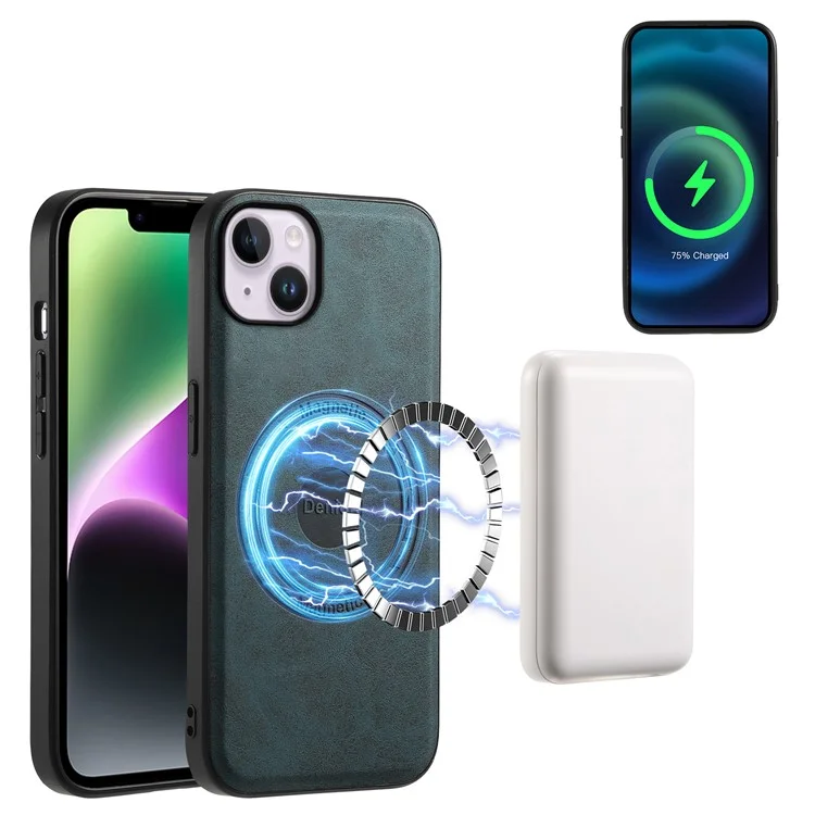 DENIOR A11 Für iPhone 14 Plus Case Retro PU+PC+TPU Handyhülle Kompatibel mit MagSafe - Blau