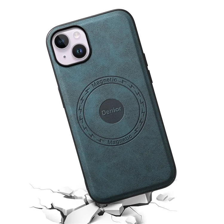 DENIOR A11 Für iPhone 14 Plus Case Retro PU+PC+TPU Handyhülle Kompatibel mit MagSafe - Blau