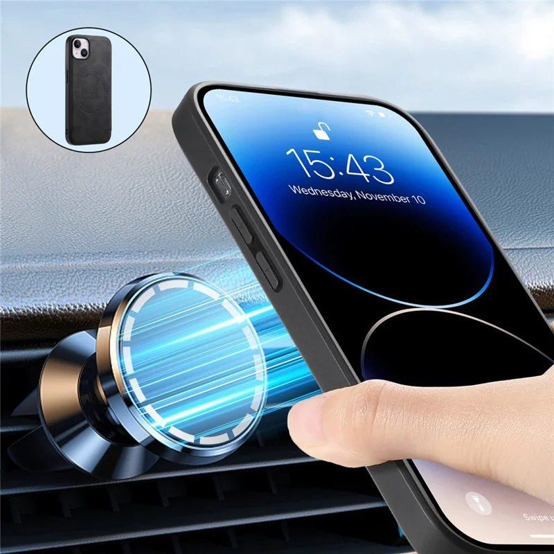 DENIOR A11 For iPhone 13 / 14 Magnetic Case Retro Leather Coated PC+TPU Anti-Scratch Cover - Black