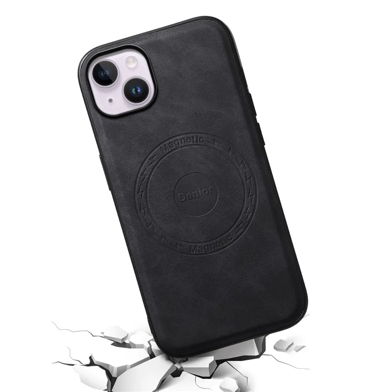 DENIOR A11 For iPhone 13 / 14 Magnetic Case Retro Leather Coated PC+TPU Anti-Scratch Cover - Black
