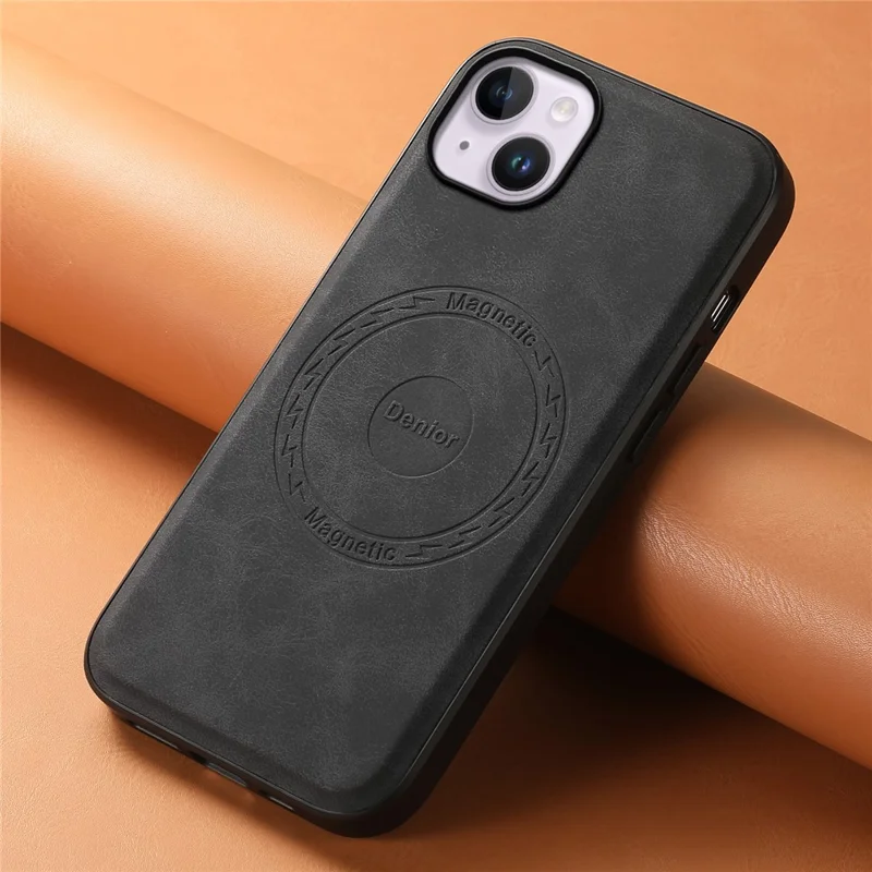 DENIOR A11 For iPhone 13 / 14 Magnetic Case Retro Leather Coated PC+TPU Anti-Scratch Cover - Black