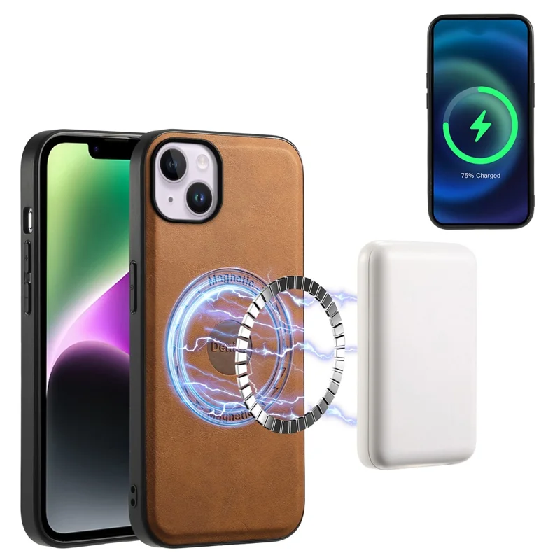 DENIOR A11 For iPhone 13 / 14 Magnetic Case Retro Leather Coated PC+TPU Anti-Scratch Cover - Brown