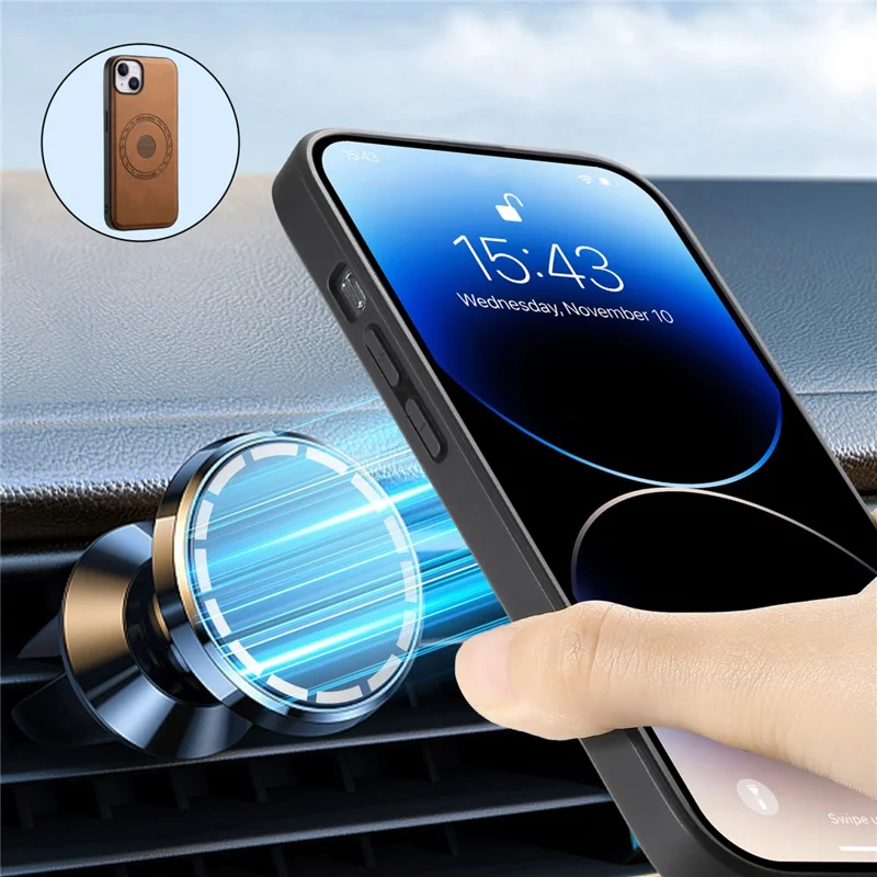 DENIOR A11 For iPhone 13 / 14 Magnetic Case Retro Leather Coated PC+TPU Anti-Scratch Cover - Brown