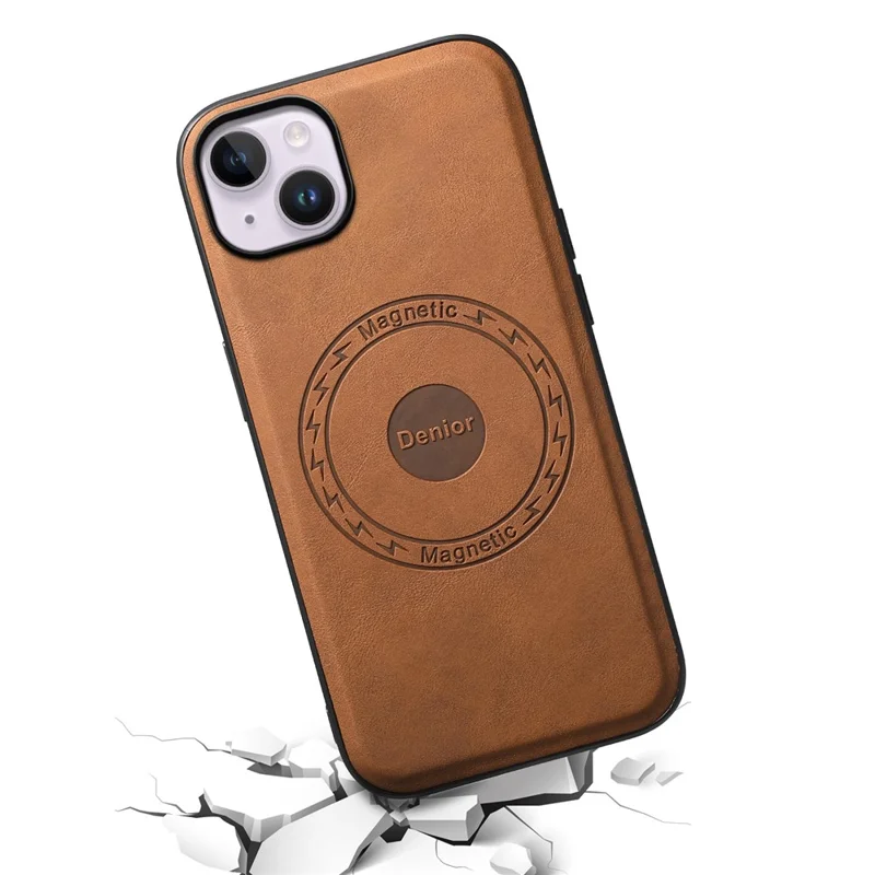 DENIOR A11 For iPhone 13 / 14 Magnetic Case Retro Leather Coated PC+TPU Anti-Scratch Cover - Brown