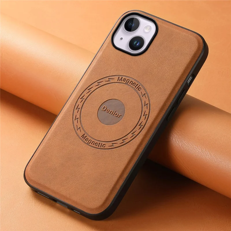 DENIOR A11 For iPhone 13 / 14 Magnetic Case Retro Leather Coated PC+TPU Anti-Scratch Cover - Brown