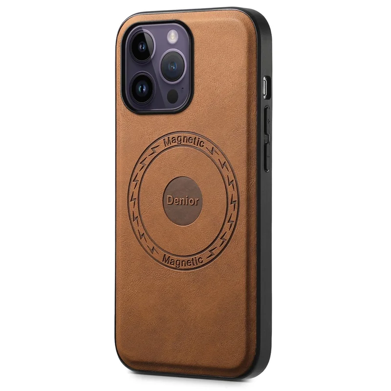 DENIOR A11 For iPhone 14 Pro Max Magnetic Case Retro Leather+ PC+TPU Protective Phone Cover - Brown