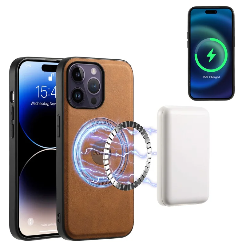 DENIOR A11 For iPhone 14 Pro Max Magnetic Case Retro Leather+ PC+TPU Protective Phone Cover - Brown