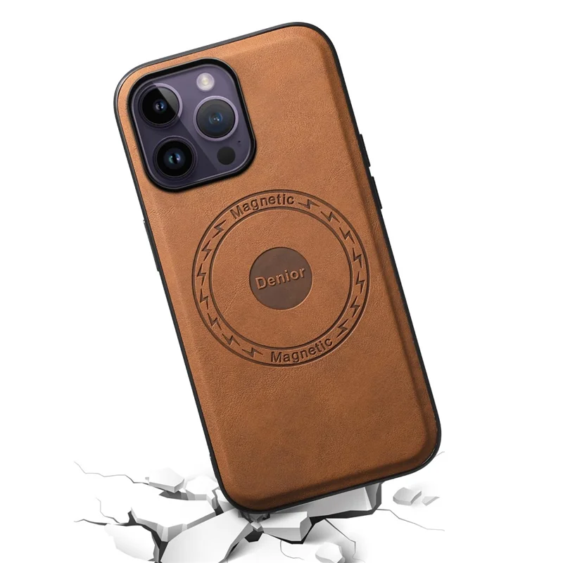DENIOR A11 For iPhone 14 Pro Max Magnetic Case Retro Leather+ PC+TPU Protective Phone Cover - Brown