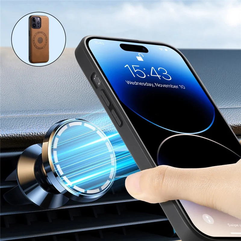 DENIOR A11 For iPhone 14 Pro Max Magnetic Case Retro Leather+ PC+TPU Protective Phone Cover - Brown