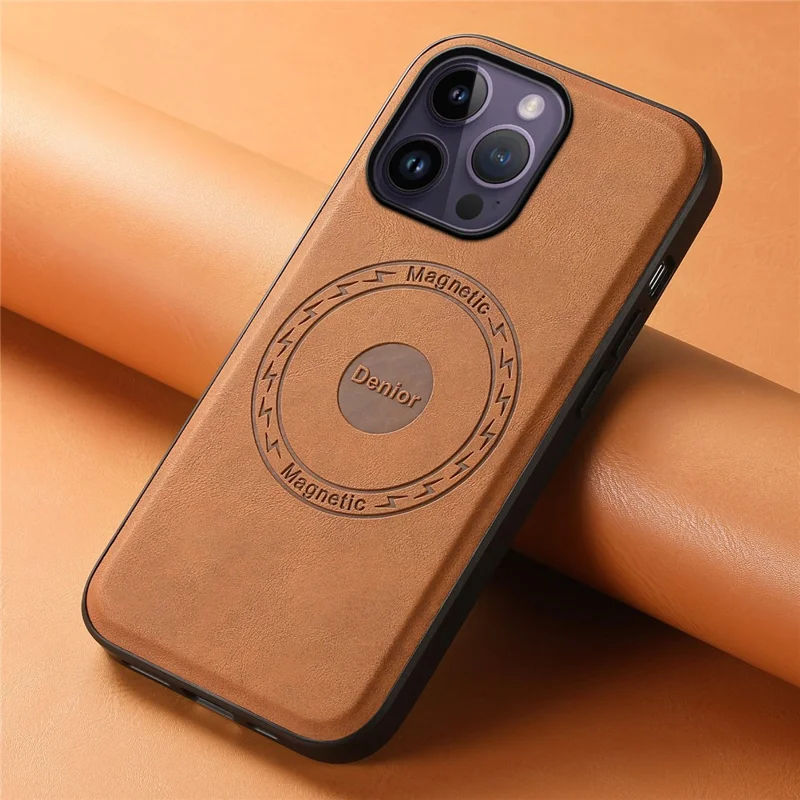 DENIOR A11 For iPhone 14 Pro Max Magnetic Case Retro Leather+ PC+TPU Protective Phone Cover - Brown