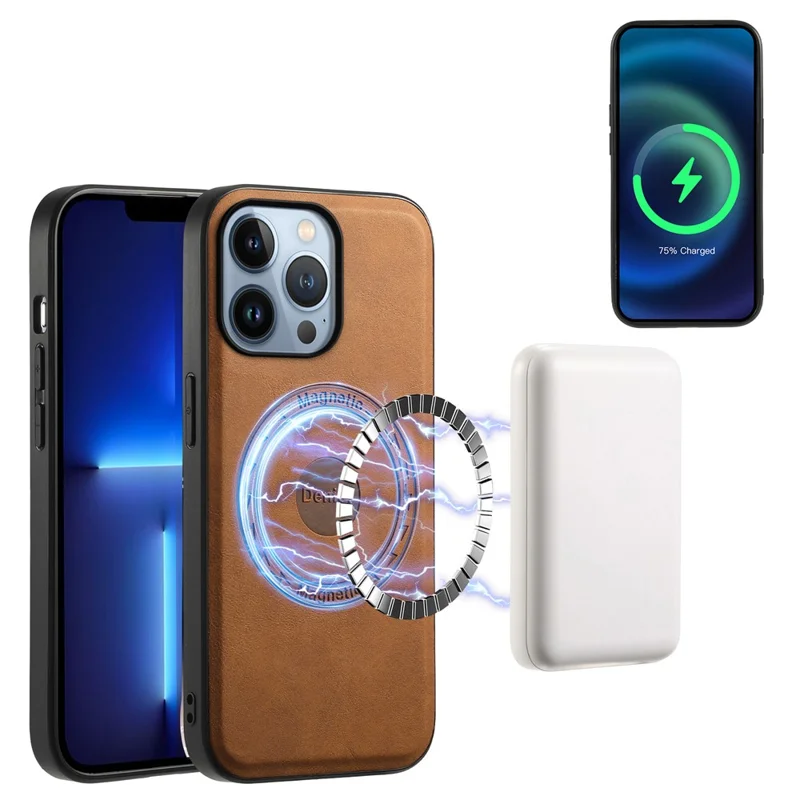 DENIOR A11 For iPhone 13 Pro Max Magnetic Case Leather+PC+TPU Retro Phone Cover - Brown