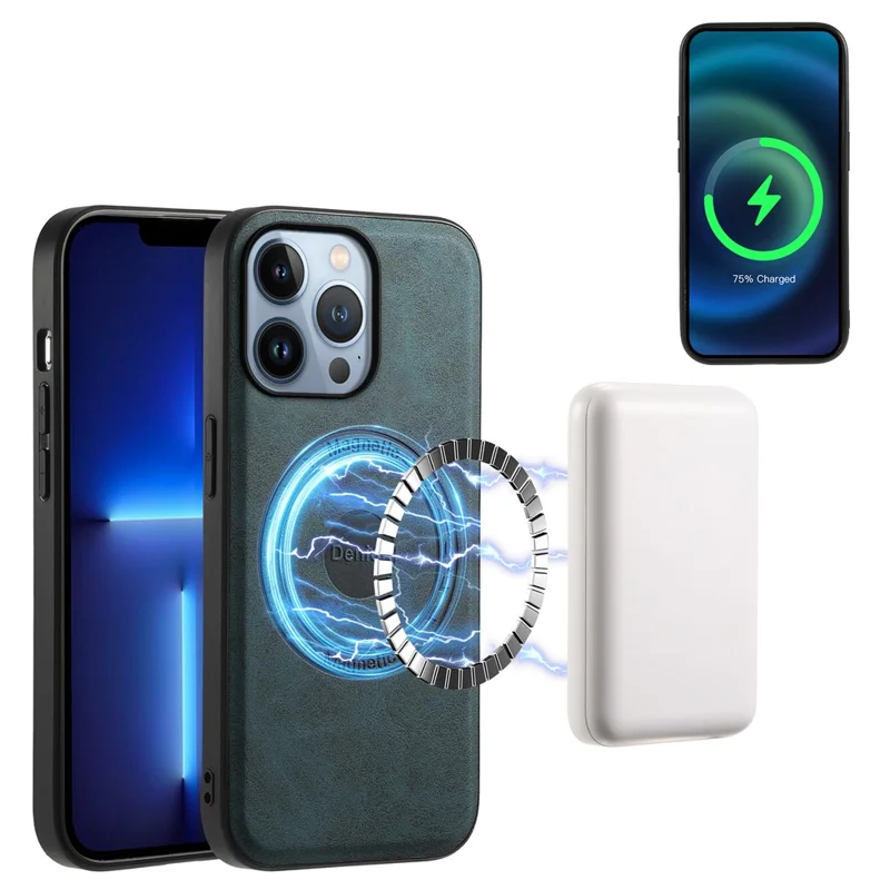 DENIOR A11 For iPhone 13 Pro Max Magnetic Case Leather+PC+TPU Retro Phone Cover - Blue