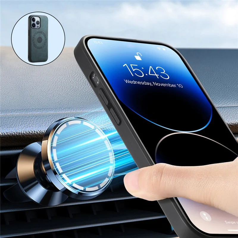 DENIOR A11 For iPhone 13 Pro Max Magnetic Case Leather+PC+TPU Retro Phone Cover - Blue