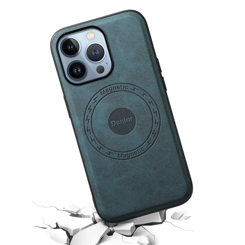DENIOR A11 For iPhone 13 Pro Max Magnetic Case Leather+PC+TPU Retro Phone Cover - Blue