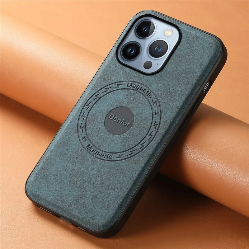 DENIOR A11 For iPhone 13 Pro Max Magnetic Case Leather+PC+TPU Retro Phone Cover - Blue