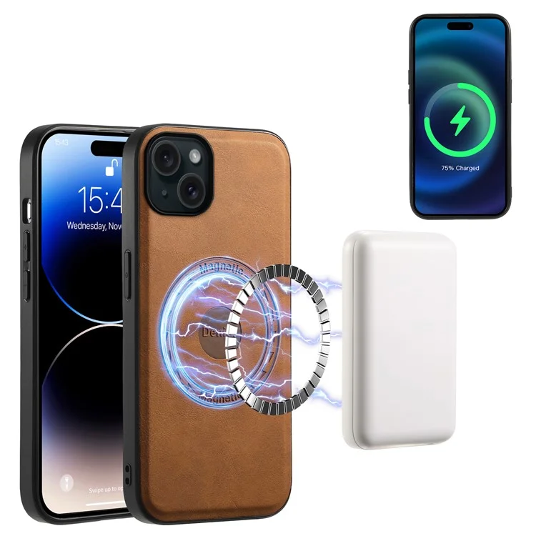 DENIOR A11 Чехол для iPhone 15 Plus совместимый с MagSafe, кожаный с покрытием ПК+ТПУ, коричневый